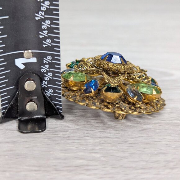 Vintage 1940s Antique Gold Tone Domed Pin with Blue & Green Gems - Picture 9 of 9